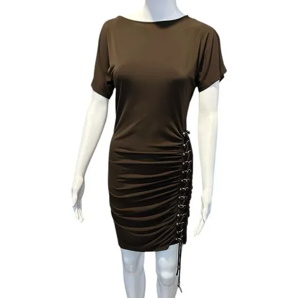 Michael Michael Kors XS Brown Ruched Lace-Up Grommet Bodycon Mini Dress - Picture 2 of 9